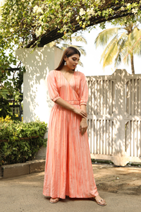 Combinaison longue Angarkha en rayonne imprimée à pigments orange - Product Image 5