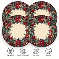 Meilleures ventes transfrontalières de Noël : Set de table 38 cm imprimé motif houx, Père Noël et flocons de neige, bord ondulé, 100% polyester, pour repas occidentaux