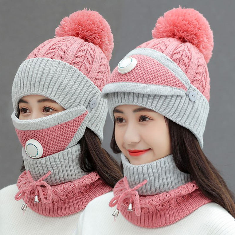 Fleece Lined Women Beanie Knit Hat Winter Hat Scarf Mask Set Girls Warm Hat  Earmuffs Cap With Pom