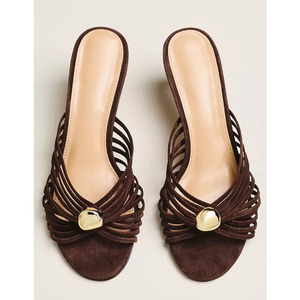 Summer Casual Strappy Stiletto <b>Heel</b> Sandals Women Open Round Toe slip on Heeled Sandals with Gold Detail and Pearl Mule Shoes - Product Image 2