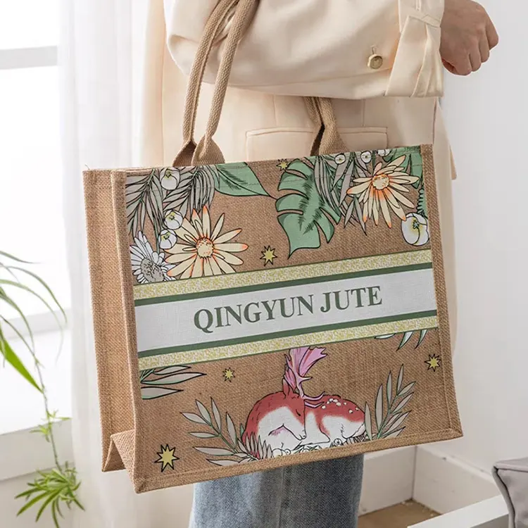 Bolso de mano de lino para mujer con estampado de logotipo personalizado a la moda, Asa de viaje reutilizable, regalo, producto de compras, bolso de yute