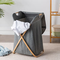 Panier à linge pliable en tissu cationique avec cadre en bambou de style nordique écologique en forme de X, avec couvercle
