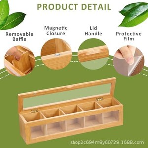 Caja de almacenamiento de bolsitas de té de madera, organizador con tapa abatible y múltiples compartimentos para bolsitas de café y té, rectangular, color madera natural - Product Image 2