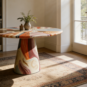 Mesa de Comedor Redonda de Lujo, Moderna, con Patrón en Espiral Colorido, Tapa de Mármol Artístico, Base Cónica, Muebles para Restaurante - Product Image 6