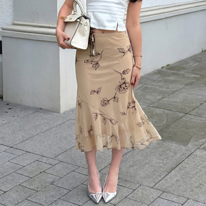 Jupe sirène vintage pour femme, taille basse, en mousseline de soie à imprimé floral, maille tricotée, moulante, décontractée et élégante, coupe queue de poisson - Product Image 3