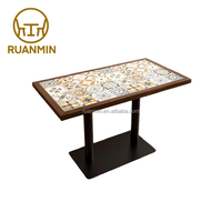 Table à manger à motifs RuanMin avec plateau en pierre à motifs et cadre en fer, table carrée, table de restaurant, table de café