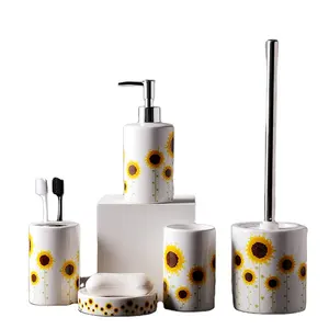 Sunflower design Ceramic Bathroom Sets includes tooth brush holder tumbler toilet brush