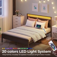 Cadre de lit en métal avec tête de lit et station de charge, lumière LED incluse