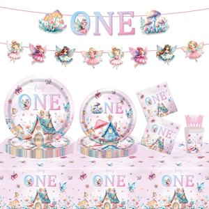 Ensemble de vaisselle jetable en <span class=keywords><strong>papier</strong></span> pour fête sur le thème des fées des fleurs et des champignons, nappes, décoration de fête d'anniversaire pour enfants, fête moderne - Product Image 1