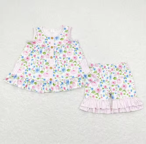 7 Styles de vêtements pour sœurs, vêtements d'été pour filles, hauts à imprimés floraux, shorts assortis, ensembles deux pièces pour filles - Product Image 6