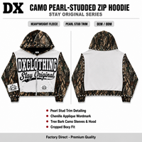 Sweat-shirt à capuche court zippé en molleton épais 380 g/m² avec motif camouflage écorce d'arbre personnalisé, appliqué en chenille et inscription, style streetwear OEM ODM