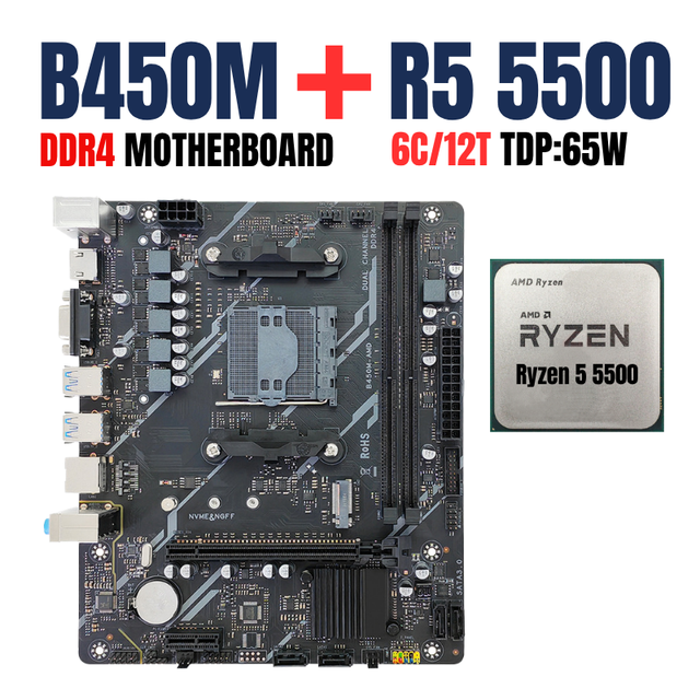 PANDL NEW B450 Mainboard Combo CPU AMD Ryzen 5 5500 Supports XMP 2x DDR4 DIMM PCIe3.0 X16 NVME M.2 SSD SATA3.0 B450 Motherboard
