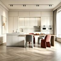 Meubles de cuisine sur mesure modernes et minimalistes en contreplaqué écologique de qualité E0, avec comptoir en quartz brillant et fermeture douce