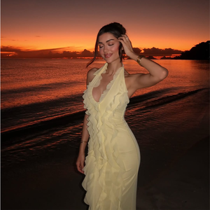 Elegante <span class=keywords><strong>vestido</strong></span> Maxi Halter <span class=keywords><strong>amarillo</strong></span> tejido sólido con detalles <span class=keywords><strong>de</strong></span> encaje con volantes <span class=keywords><strong>de</strong></span> cintura natural para atardeceres <span class=keywords><strong>de</strong></span> <span class=keywords><strong>playa</strong></span> estilo <span class=keywords><strong>de</strong></span> noche elegante - Product Image 3