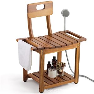 Chaise de douche en bois Shengyang avec dossier, 59,5x31,7x77,7 cm, tabouret de salle de bain à double rangement - Product Image 1