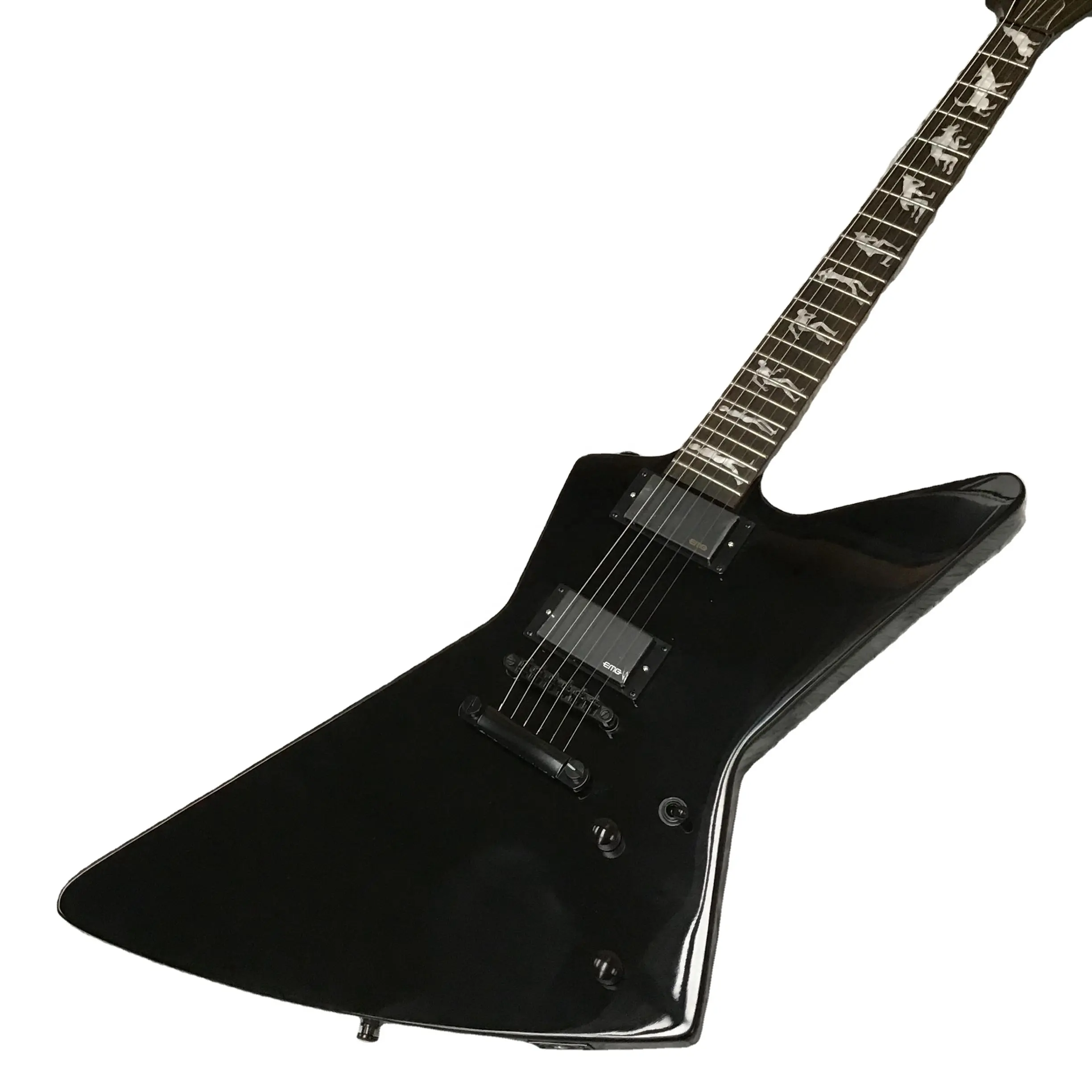 E.p-Brand Black Electric Explo.er Guitar with Solid Wood Wolf-man Inlay HH Pickups Fast Shipping