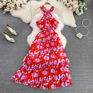 Robe de plage en mousseline de soie écrasée taille élégante robe mince sans manches - Product Image 1