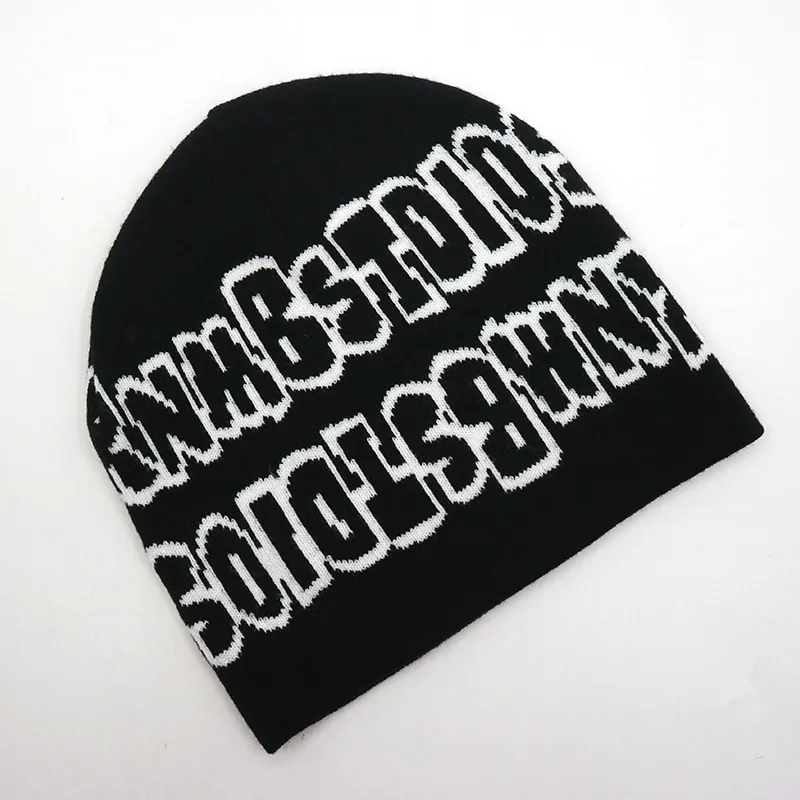 Low MOQ Custom Beanie Manufacturers All Over Print Jacquard Y2K Gothic No Cuff Fold Cuffless Winter Skull Cap Knit Hat with Logo