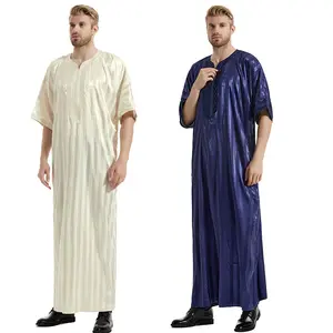 하이 퀄리티 자수 이슬람 이슬람 아랍 Thawb Caftan 짧은 소매 이슬람 원피스 주머니 모로코 토브