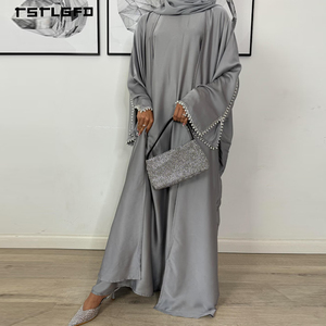 Luxury Silk Satin Muslim Abaya <b>Set</b> Pearl Beaded Open Kaftan Kimono Elegant <b>Modest</b> Evening Party Dress for Women Eid Ramadan - Product Image 2
