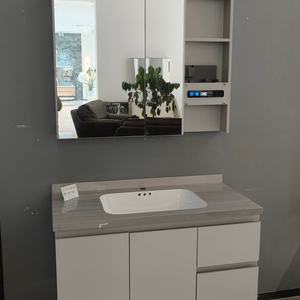 Meuble de salle de bain intelligent gris chaud avec rangement, double tiroir et double porte, lavabo blanc - Product Image 4