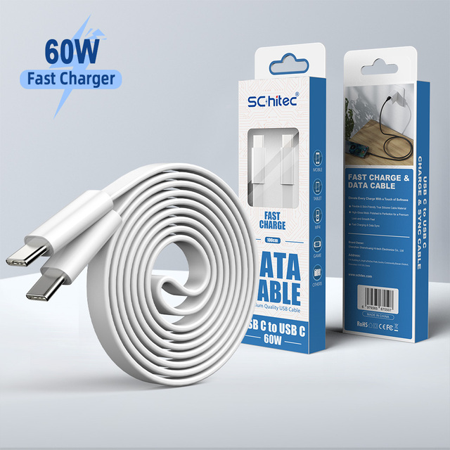 Wholesales Flat USB C Cable 60w 3ft 6ft 10ft Macron Type C to C Charging Sync Data Phone Cable for Mobile Device