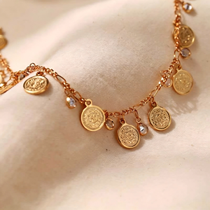 Chaîne de cheville bohème ajustable en cuivre plaqué <span class=keywords><strong>or</strong></span> 18 carats avec pendentif pièce de monnaie et zircon transparent, cadeau pour <span class=keywords><strong>femme</strong></span> - Product Image 3