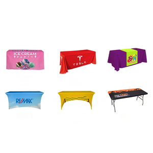 Housse <span class=keywords><strong>de</strong></span> table ajustée extensible 100 % polyester imperméable, imprimée sur mesure avec logo, texte et photo personnalisés pour la publicité en salon professionnel - Product Image 1