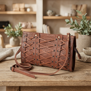 Bolso Bandolera de Cuero Genuino para Mujer, Decoración con Borlas, Estilo Bohemio, Patrón Geométrico, Accesorios de Latón, Correa para el Hombro - Product Image 2