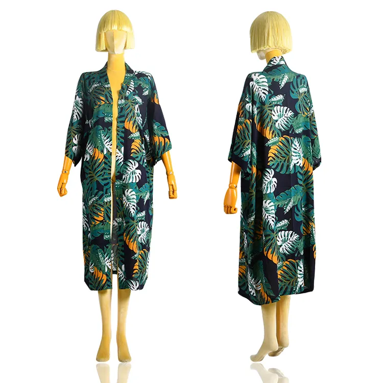 2022 nuovi arrivi Beach Summer cover-ups mezza manica stampa floreale Rayon stampato Casual Kimono taglia lunga per donna