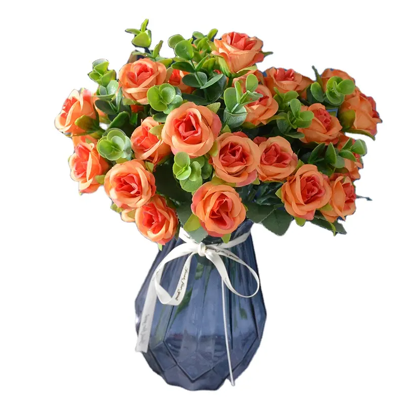 공장 아울렛 인공 꽃 10 머리 작은 장미 꽃다발 유칼립투스 잎 화이트 장미 홈 오피스 웨딩 야외 장식