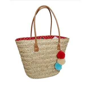 Factory Custom Sea Grass Woven Summer Beach Bag Women's Fashion Straw Handbag Pom Pom Ball Design