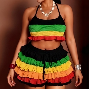 Women's Colorful Striped Knit Halter Top With Ruffled Shorts <b>Sexy</b> 2-Piece <b>Set</b> Fashion - Product Image 4