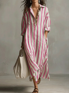 Nuovi <span class=keywords><strong>Abiti</strong></span> <span class=keywords><strong>Estivi</strong></span> da Donna all'Ingrosso, Vestito a Righe <span class=keywords><strong>Oversize</strong></span> Taglia S-3XL, Righe Verticali con Tasche Laterali, Casual Resort - Product Image 3