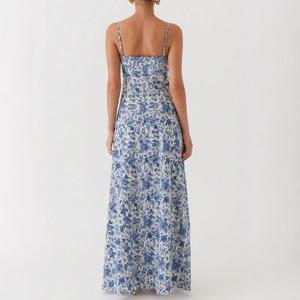 Custom Wholesale Women's Casual Summer A-Line Flare Backless Sleeveless Halter Collar Maxi Printed Cotton Linen <strong>Dress</strong> Loose Long - Product Image 3