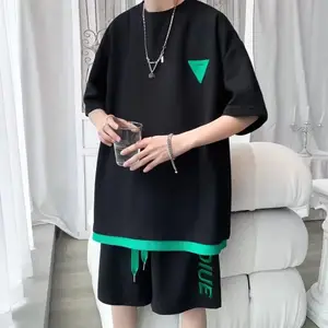 Letter embroidery fake set label T-shirt sports short sleeve suit men's new summer loose casual shorts