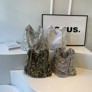 1L Capacity Girls Fashion <b>Silver</b> Shiny Bucket Style Sequin Tote <b>Bag</b> Handbag Luxury Shoulder <b>Bag</b> Two Durable Portable Waterproof - Product Image 3