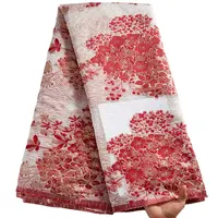 2534 toptan kırmızı brokar dantel kumaş nakış çiçek fransız dantel kumaş nijeryalı jakarlı dantel kumaş