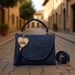 Bolso Bandolera Fana Linda Azul Marino de Cuero Genuino con Diseño Floral Minimalista para Mujer - Product Image 2