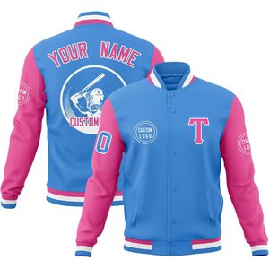 Chaqueta Varsity Personalizada Unisex para Adultos, Azul y Rosa, Chaqueta Bomber de Béisbol con Letras Personalizadas, Abrigo Casual Transpirable de Otoño con Cuello Camisero - Product Image 1