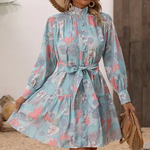 Vestido de rua europeu elegante com gola alta, estampa floral chique midi, vestido de manga comprida para mulheres, vestidos casuais temperamento