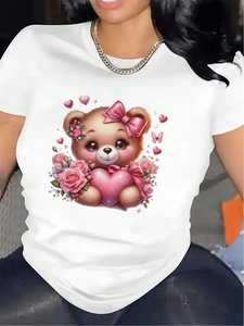 T-shirt da donna con motivo orsetto, manica corta, in poliestere, grazioso design con cuore e fiori, girocollo, vestibilità regolare, per tutte le stagioni - Product Image 3