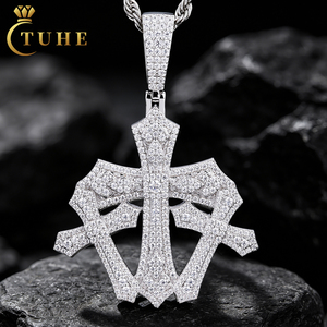 Vintage Christian Jewelry Hip Hop Mens <strong>Gold</strong> Plated 924 Sterling Silver VVS Moissanite Diamond Iced Out Triple <strong>Cross</strong> <strong>Pendant</strong> - Product Image 1