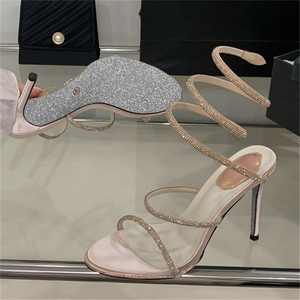 Zapatos de tacón alto plateados con pedrería de cristal para verano 2025, talla grande, ideales para bodas y escenarios, con aumento de altura. - Product Image 1