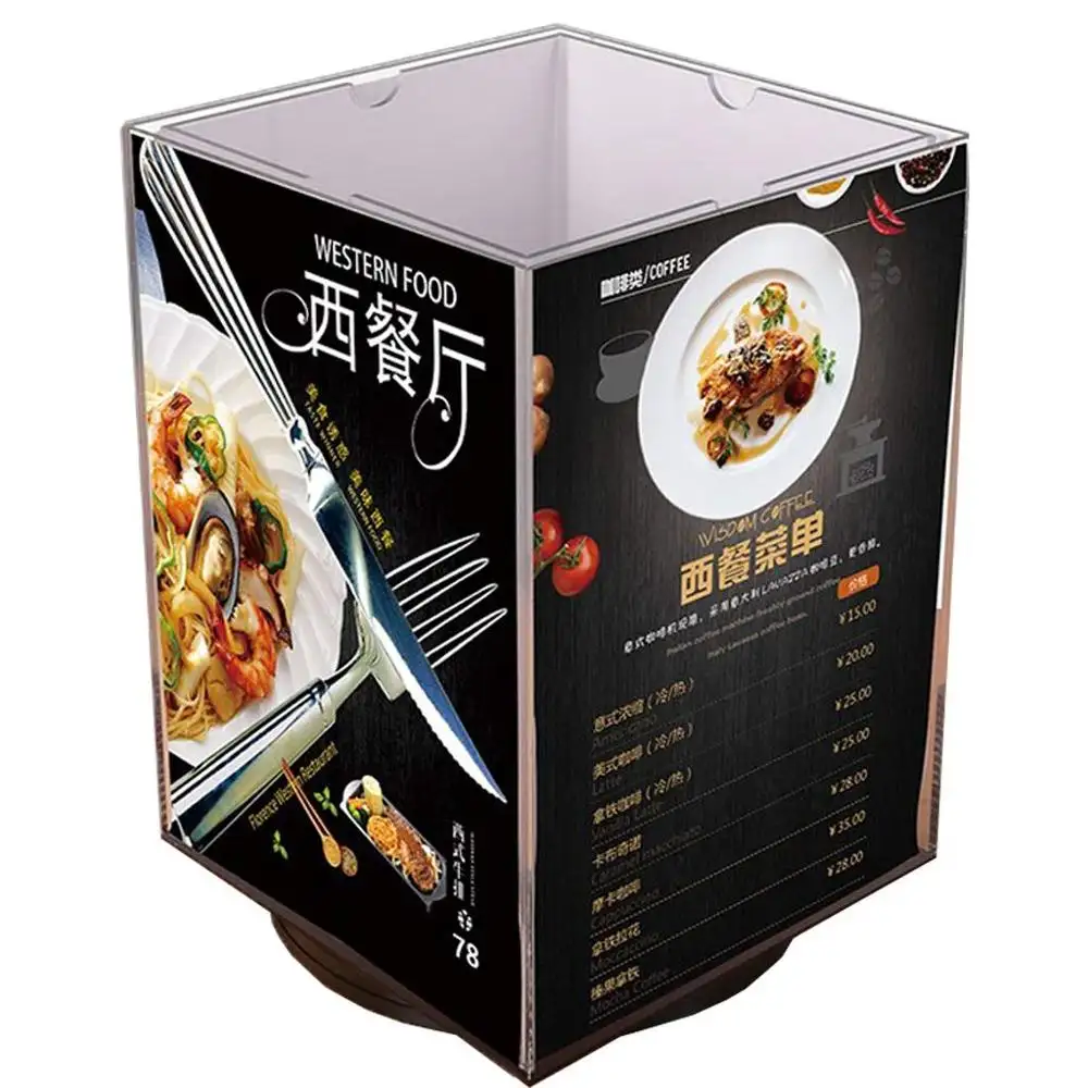 Custom 4 Side Rotates Card Holder Display Clear Table Sign A4 Display Stand Acrylic Rotating Table Menu Holders