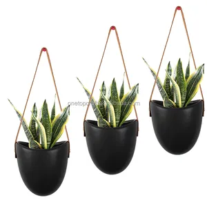 Set of 3 Matte Black Ceramic Hanging Wall Planter with Rope Decorative Succulent Herb Flower Pot Containers
