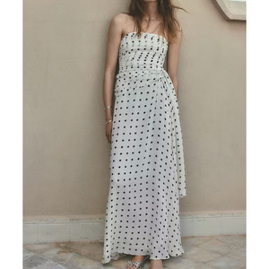 Robe longue sans bretelles à pois pour femmes, avec ceinture à nouer, coupe ample, en mousseline de soie, robe d'été décontractée - Product Image 1
