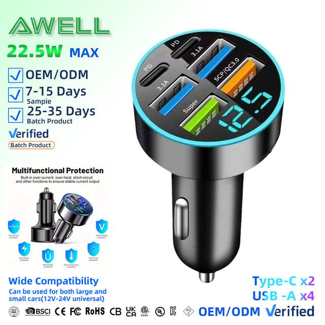 6-in-1 22.5W QC3.0 & PD Type-C 6-Port ABS Material Electric Car Charger with Digital Display for Fast Mobile Phone Charging