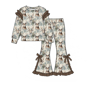 Pre-orden: Conjunto de 2 piezas para niñas, camisa con volantes y pantalones acampanados, camuflaje de patos mallard, temporada de caza, ropa para hermanas. - Product Image 3
