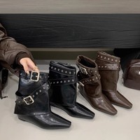 Bottes Dui mi-mollet pointues à fond plat de style britannique pour femmes à la mode et rétro, bottes de chevalier polyvalentes à fond plat